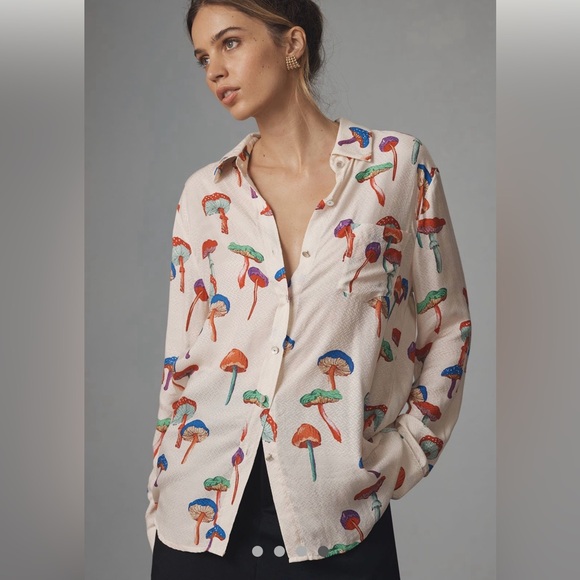 Le Superbe for Anthro Micro Magic Ex-Boyfriend Shirt Ivory Mushroom Print  8 NWT - Picture 4 of 16